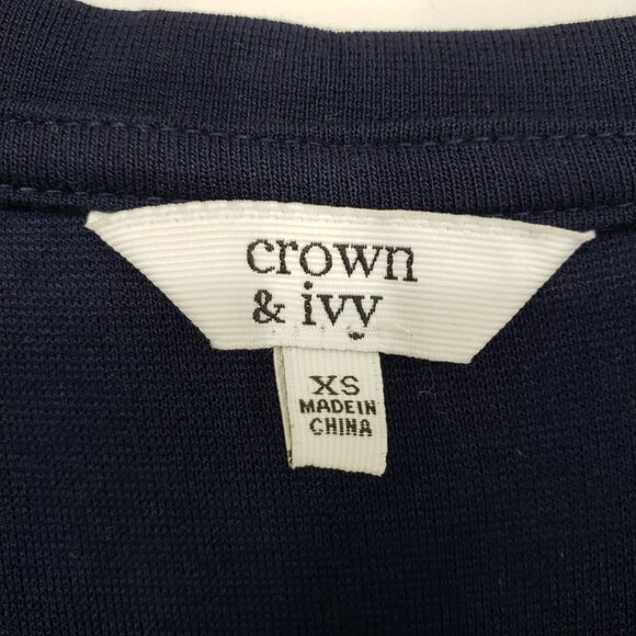 Crown & Ivy Knit Ruffle Trim Tee Shirt Top XS Short Sleeves Navy Blue Yellow NEW - Picture 3 of 8